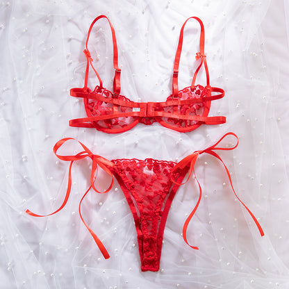 H-04371 Red Heart Embroidered Lace Bra Set with Bow Detail – product image 4