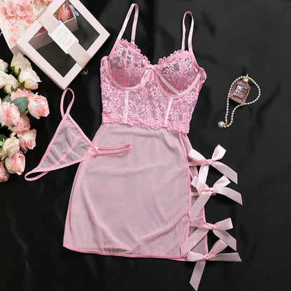 H-04359 Sheer Lace Underwire Lingerie Set with Bow-Tie Bodycon Skirt – product image 16