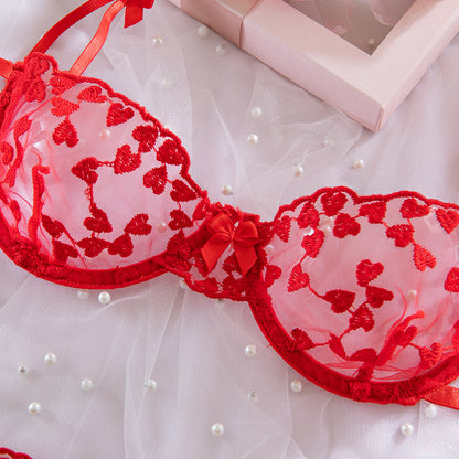 H-04371 Red Heart Embroidered Lace Bra Set with Bow Detail – product image 2