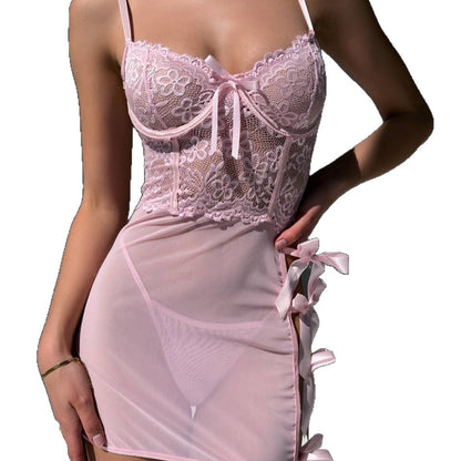 H-04359 Sheer Lace Underwire Lingerie Set with Bow-Tie Bodycon Skirt – product image 5