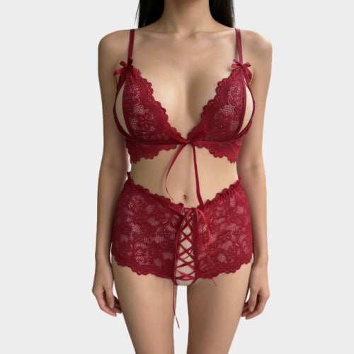 H-04373 Lace Trim Bow Detail Three-Piece Lingerie Set