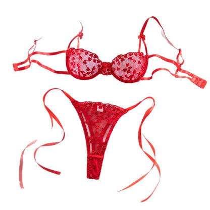 H-04371 Red Heart Embroidered Lace Bra Set with Bow Detail – product image 5